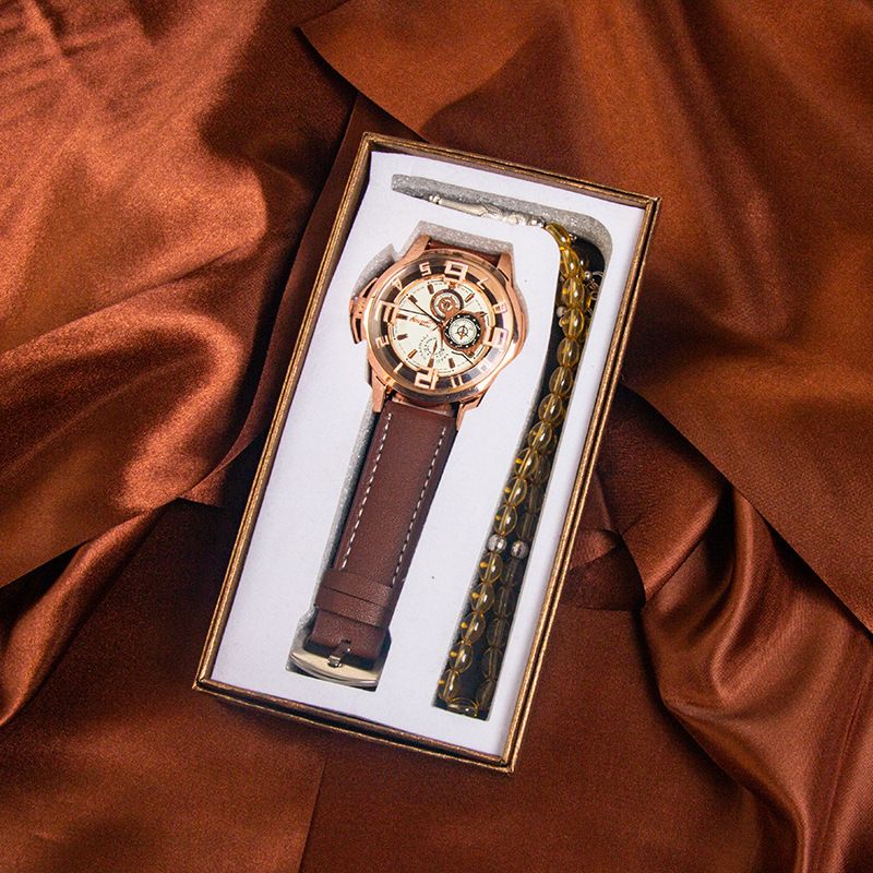 Herrenuhr-Geschenkbox-Set Valentinstagsgeschenk-Souvenir-Set Praktisches Armbanduhr-Zweiteiliges Set_voghion.com