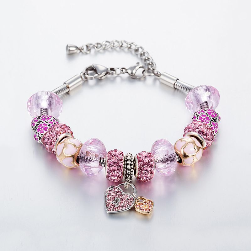 Hot Sale Pink Crystal Beads Charm Love Lock Pendant Flower Oil Drop Bracelet_voghion.com