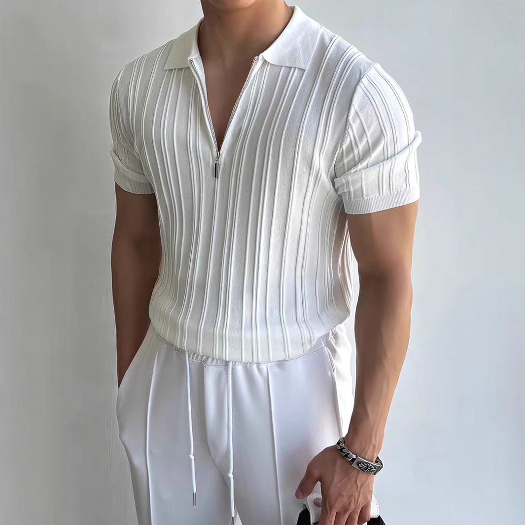 Polo da uomo in maglia di lino e seta ghiacciata Tough Guy, felpa da uomo a maniche corte con risvolto, vestibilità slim e strutturata, polo da lavoro_voghion.com