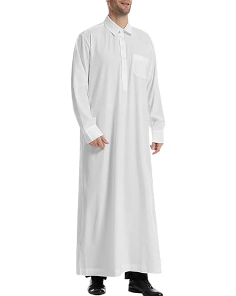 Herren Kaftan Langarm Thobe Button Down Islamische Robe_voghion.com