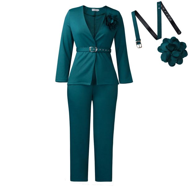 Women's Clothing Elegant Two-Piece Suit Set For Women - Slim Fit Blazer & Trousers With Belt - Office & Formal Wear - Peacock Green/White_voghion.com