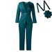Women's Clothing Elegant Two-Piece Suit Set For Women - Slim Fit Blazer & Trousers With Belt - Office & Formal Wear - Peacock Green/White_voghion.com