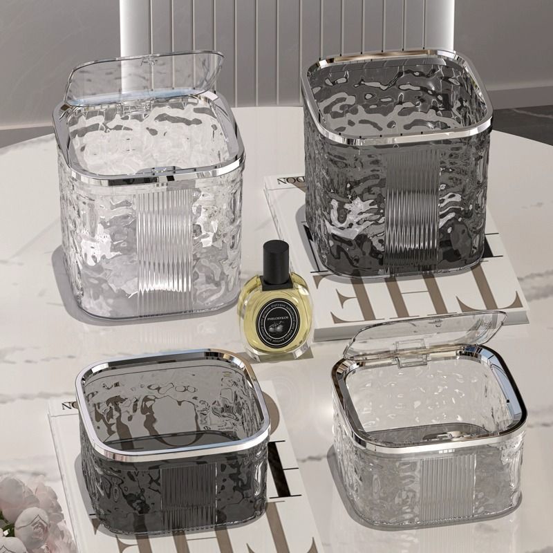 Luxury Wave-Design Touch Top Trash Can - Mini Desktop Bin With Press-To-Open Lid Frosted Glacial Texture Elegant Small Wastebasket_voghion.com