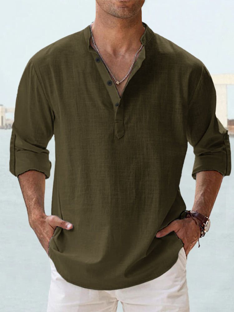 2025 Uomo Lino Collo Alto Maniche Lunghe Camicia Larga Felpa Tinta Unita Manica Lunga Cotone E Lino Camicia Uomo_voghion.com