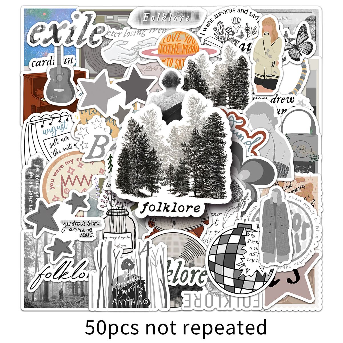 50 Taylor-Alben Folklore-Graffiti-Aufkleber, personalisierte heißer Verkauf von Sternen, die die Dekoration für Handys umgeben_voghion.com