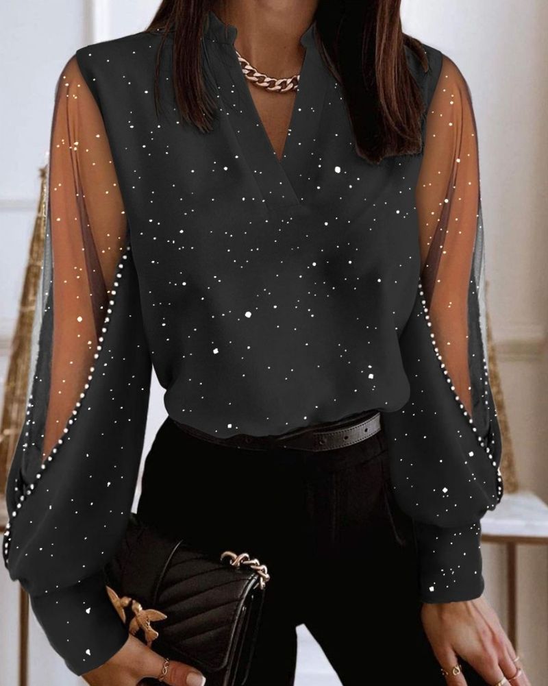 Camicetta a maniche lunghe in pizzo con scollo a V, nuova moda autunno e inverno, stile hot-selling da donna_voghion.com