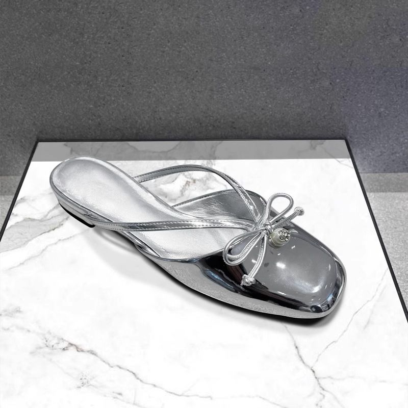 Women’s Shoes Fashion Half Slippers Women New Bow Pearl Mule Slippers Closed Toe Flat Sandals_voghion.com