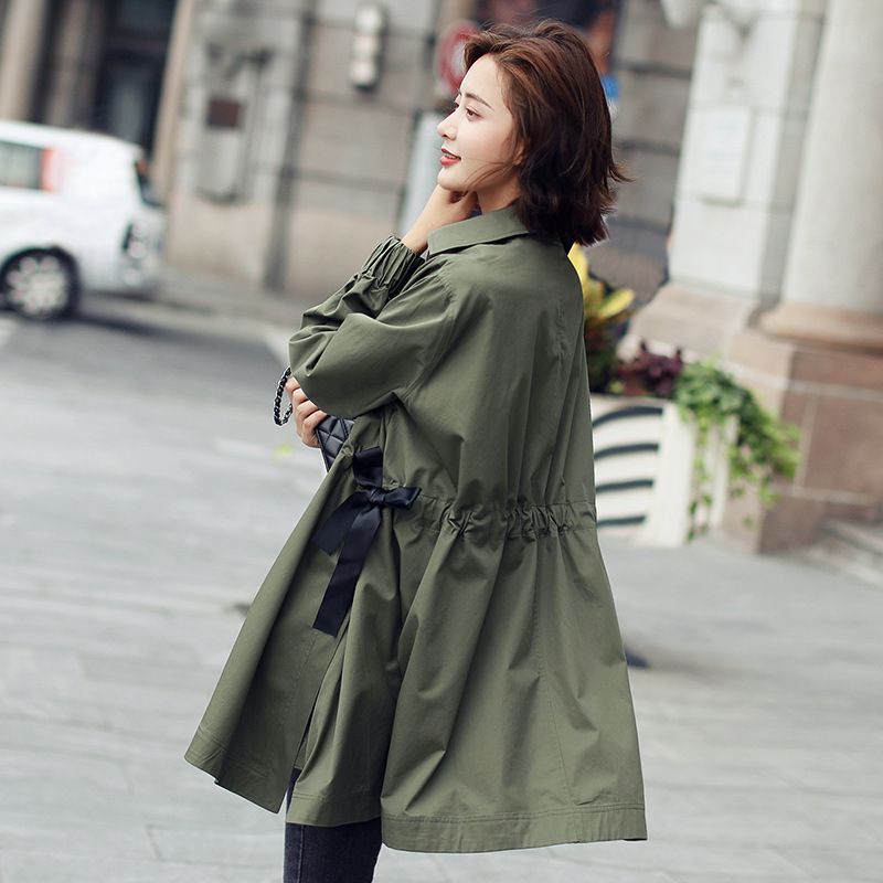 Trench da donna verde militare taglia grande casual maniche lunghe_voghion.com