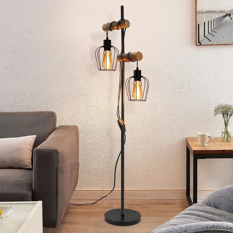 Stehlampe Retro Vinatge Holz Stehleuchte Schwarz - 2 Flammig Im Industrial Design Aus Metall Mit Schalter E27 Fassung 151cm Für Schlafzimmer_voghion.com