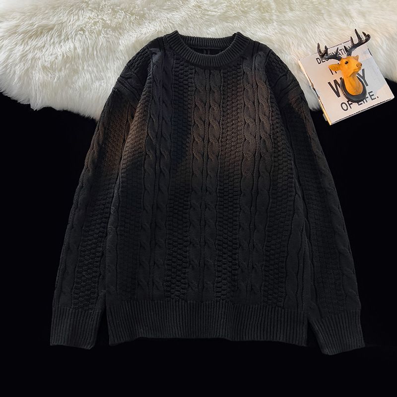 Autumn and winter solid color Fried Dough Twists sweater men's pullover casual fashion brand Japanese retro ruffian_voghion.com