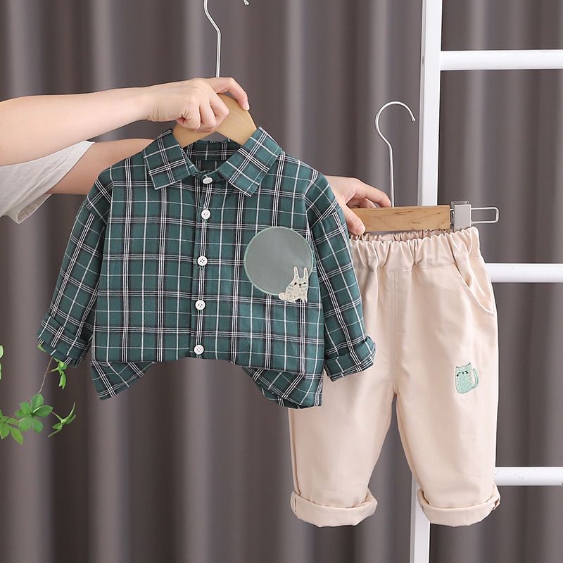 2024 New Western Style Children's Spring and Cartoon Checkered Two Piece Set, Boys' Baby Autumn Shirt Set_voghion.com
