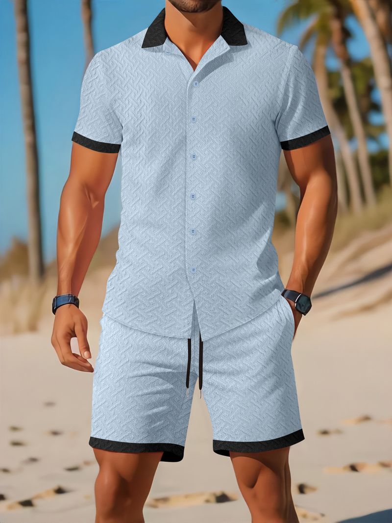 Herrenbekleidung Neue Mode Herren Jacquard Farblich passender lässiger Kurzarmanzug_voghion.com