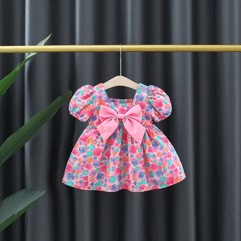 Mädchenkleid Kinderkleidung Ölgemälde Druck Prinzessin Kleid Lässiges Blumenschleifenkleid Niedlicher Baby Mädchen Puffärmelrock_voghion.com