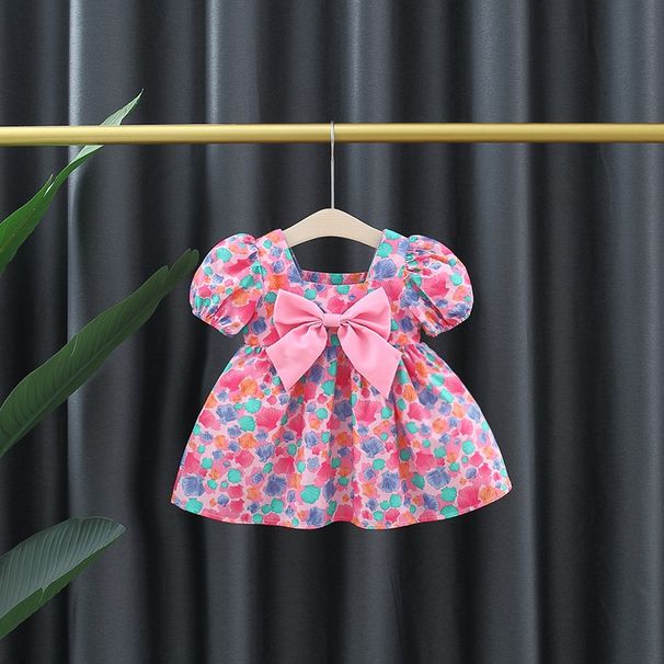 Mädchenkleid Kinderkleidung Ölgemälde Druck Prinzessin Kleid Lässiges Blumenschleifenkleid Niedlicher Baby Mädchen Puffärmelrock_voghion.com
