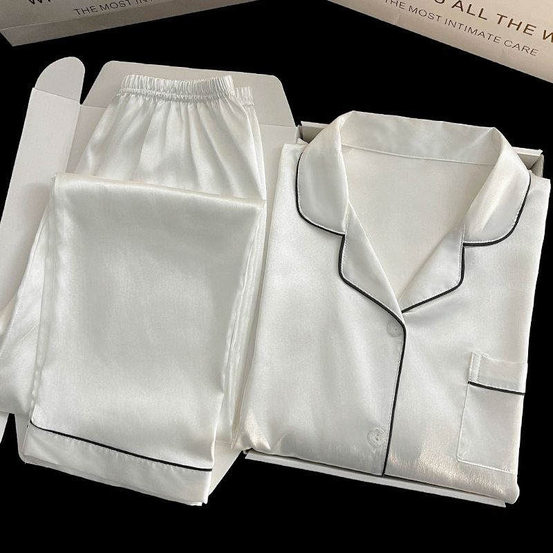 Premium Solid Color Ice Silk Pajamas Women's Spring And Autumn New Long-sleeved Trousers Simple Loungewear Set_voghion.com