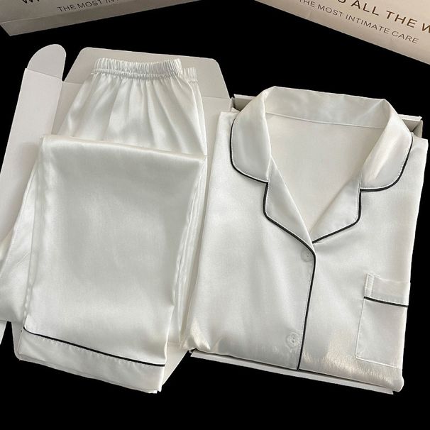 Premium Solid Color Ice Silk Pajamas Women's Spring And Autumn New Long-sleeved Trousers Simple Loungewear Set_voghion.com