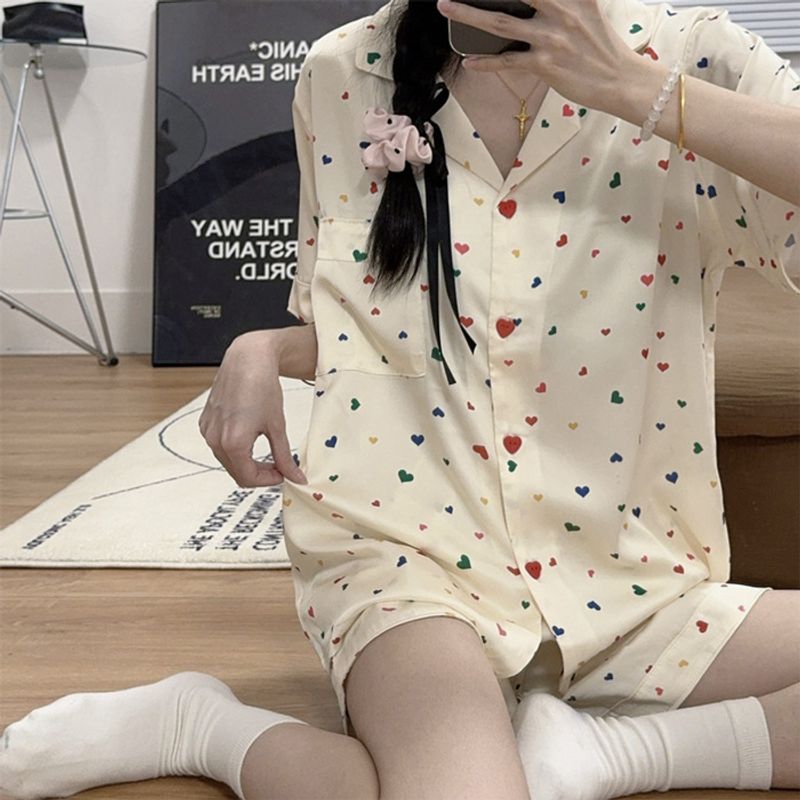 2024 Summer New Internet Celebrity Korean Pajamas Women's Thin Sweet Ice and Snow Silk Two Piece Home Clothes for Going_voghion.com