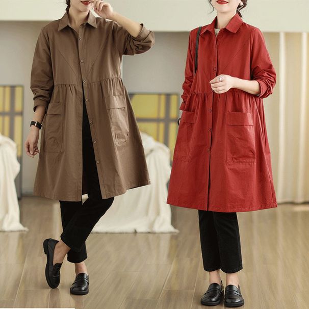 Solid Color Lapel Windbreaker Pleated Skirt Style Mid Length Jacket W, Spring 2025 New Casual Large Pocket Top For_voghion.com