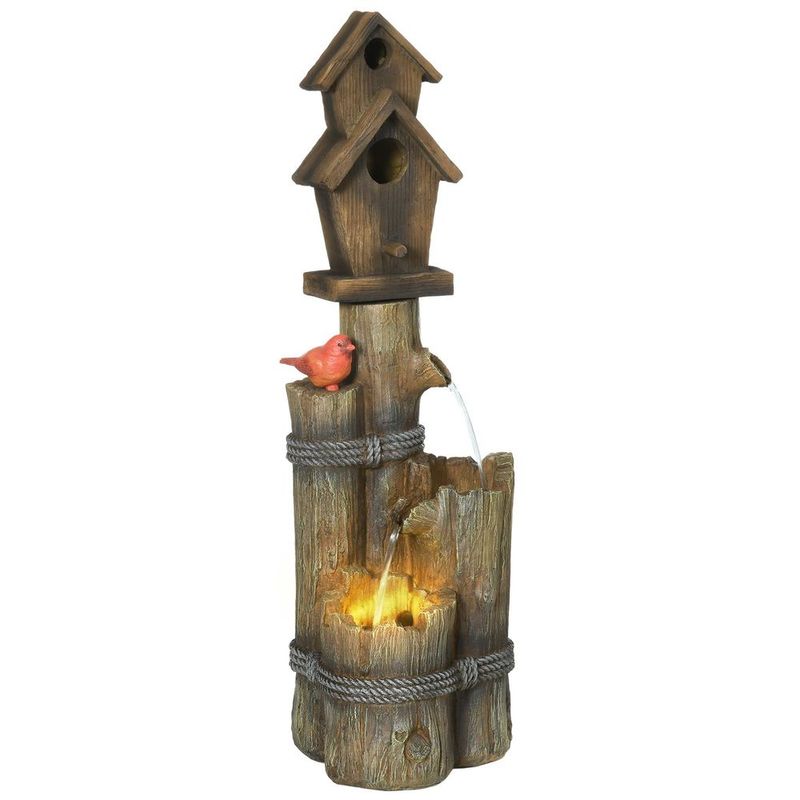 Outsunny Outdoor Fountain With Birdhouse, Cascading Garden Waterfall Bird Bath With 3-Tier Rustic Tree Trunk / Log Design, LED Lights For Porch, Dec_voghion.com