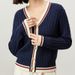 Women's V-Neck Sweater – College Style Contrast Trim Long Sleeve Top (Flame Red/Dark Blue/Grey/Brown/Off-White, One Size)_voghion.com