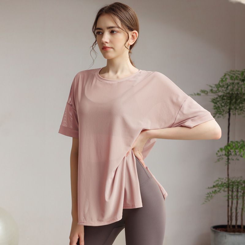 Summer New Mesh Shirt Quick-Dry Breathable Loose Slimming Short-Sleeve Sports Cover-Up Yoga Top Fitness Clothing_voghion.com