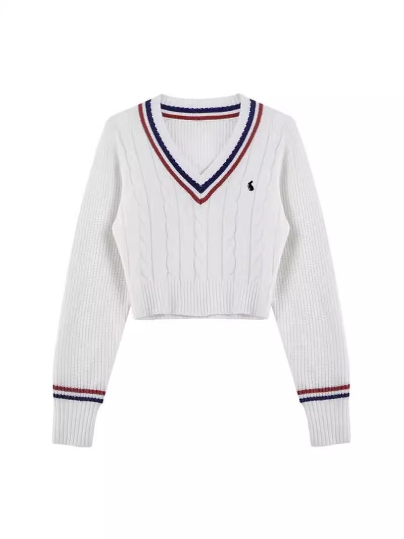 Vêtements pour femmes Pull rétro à col en V en tricot torsadé court pour femmes Pull style universitaire pour femmes_voghion.com