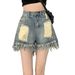 Worn worn-out denim shorts for women in summer, distressed high waisted, loose versatile, with raw edges, straight wide_voghion.com