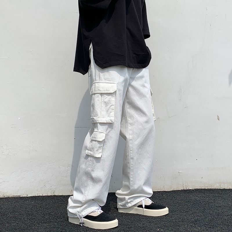 Herrenbekleidung [SHOPEE Hot Style] PH Herrenbekleidung Baumwolle Weiß Lockere Multi-Pocket Funktionale Freizeithose_voghion.com