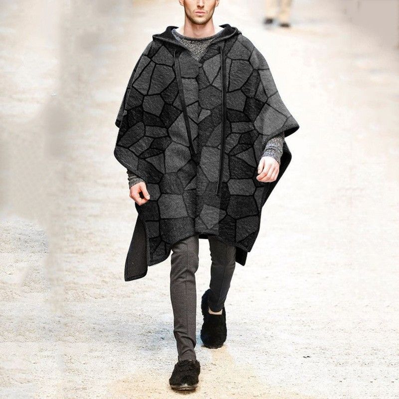 Explosiver, geometrisch karierter Cape-Schal-Pullover-Cape-Wollmantel für Herren_voghion.com