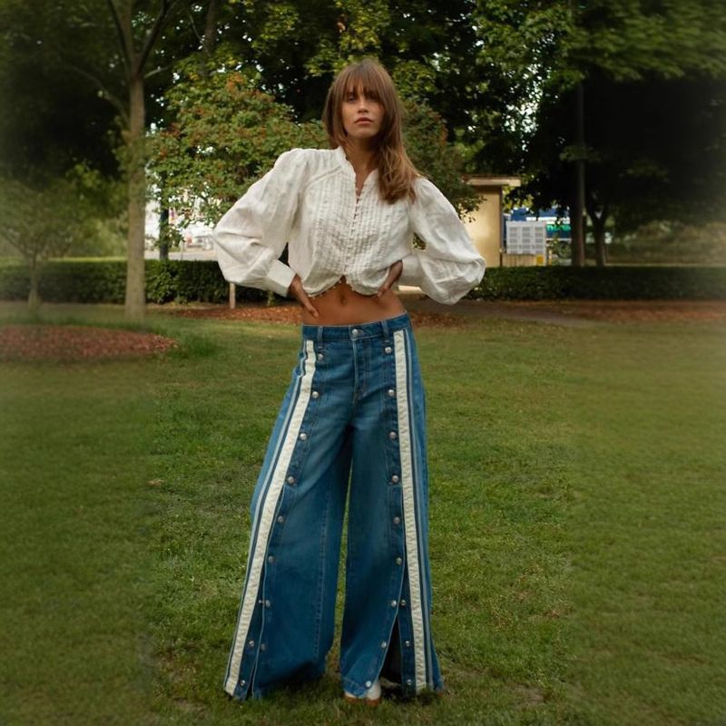 Pantaloni in denim a gamba larga con spacchi laterali, alla moda, retrò, da donna, con personalità, abbinati ai colori_voghion.com
