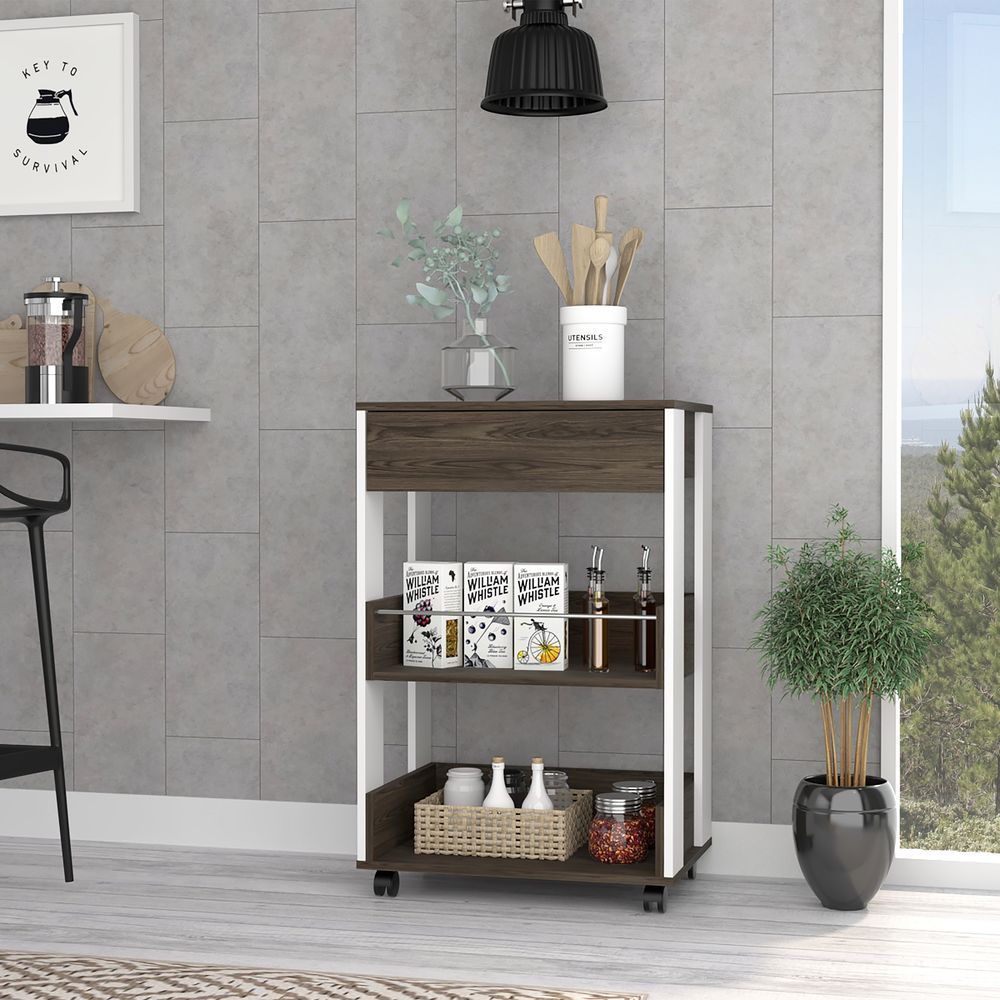 White And Dark Walnut 1-Drawer 2-Shelf Kitchen Cart With Caster_voghion.com