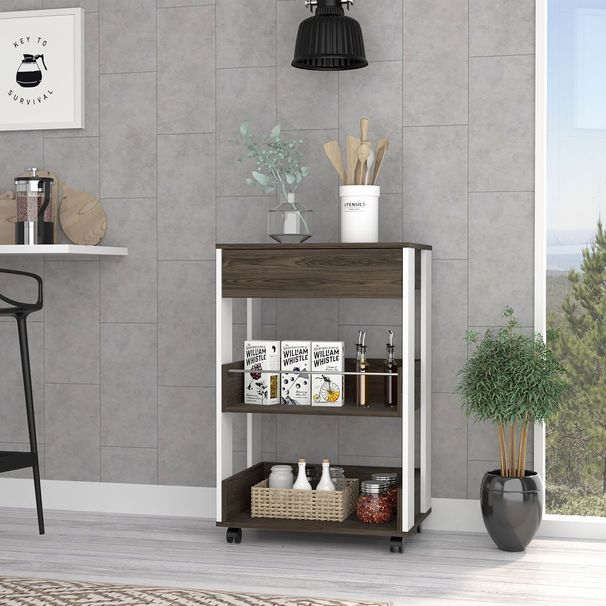 White And Dark Walnut 1-Drawer 2-Shelf Kitchen Cart With Caster_voghion.com