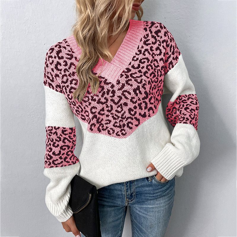 Pullover mit V-Ausschnitt und Leopardenmuster in Kontrastfarbe_voghion.com