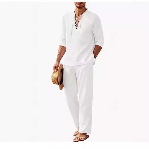 Pantaloni lunghi da uomo con maniche in cotone e lino, camicia Henley, set casual hippie da spiaggia, tinta unita, taglia europea_voghion.com
