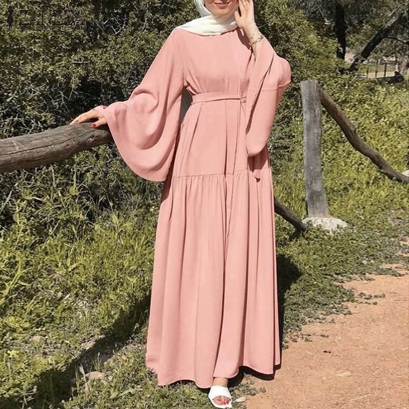 Femei musulmane rochie de seară cu mânecă lungă și gât O gât rochie de primăvară culoare solidă elegantă casual Kaftan halat de vacanță_voghion.com