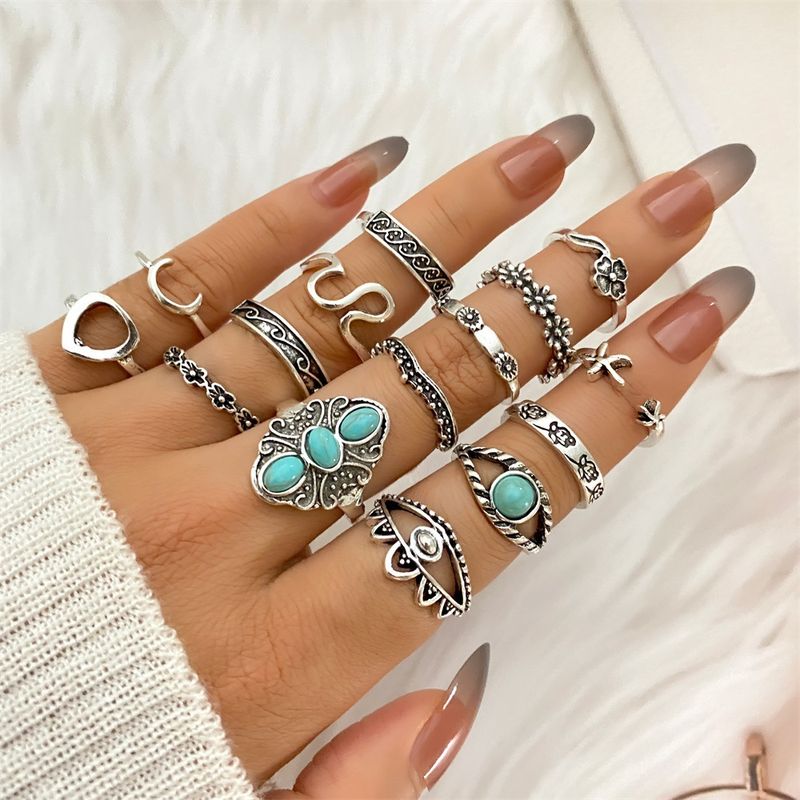 Mulsanne Joint Set 15 Pieces Creative Alloy Carved Turquoise Ring For Women MS995_voghion.com