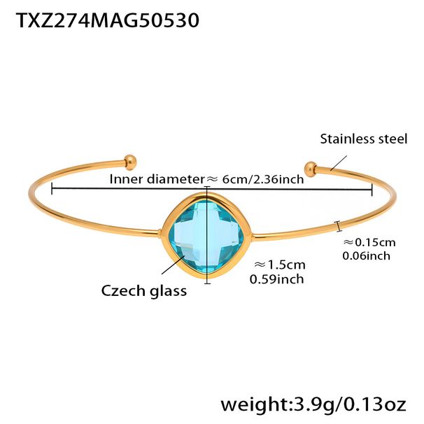 Bracciale regolabile con pietra di vetro ceco tagliata quadrata e bracciale temperato in acciaio inossidabile_voghion.com
