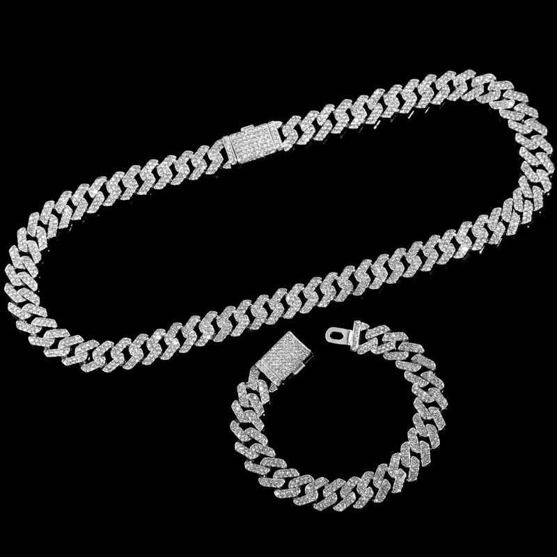 Hip Hop Iced Out Necklace Watch For Men AAA 2 Row Prong Cuban Chain Necklace+Watch+Bracelet Set Punk Rapper_voghion.com
