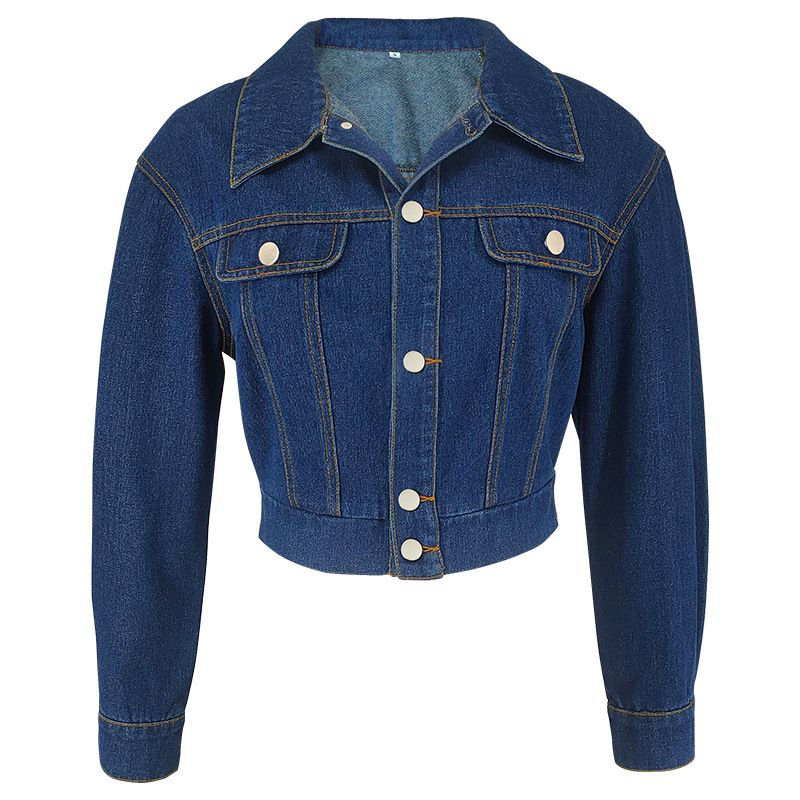 K Women's New Denim Elastic Button Cardigan Long Sleeves Short Denim Jacket_voghion.com