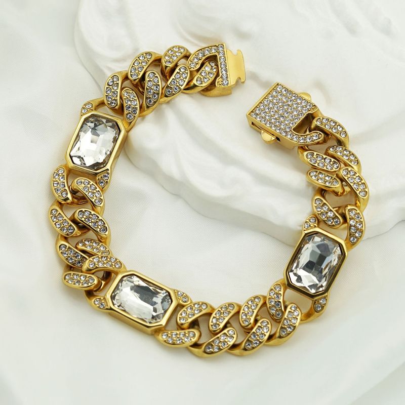 New Hip-Hop HIPHOP Titanium Steel Cuban Chain Fashion Light Luxury Full Diamond Color Bracelet_voghion.com