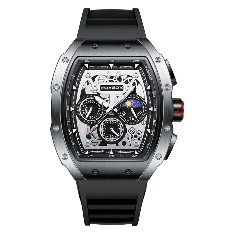 Men's Sporty Water-Resistant Digital Watch With Moon Phase & Calendar, Multifunctional Silicone Strap, 44mm Barrel-Shaped Dial, Mineral Glass_voghion.com