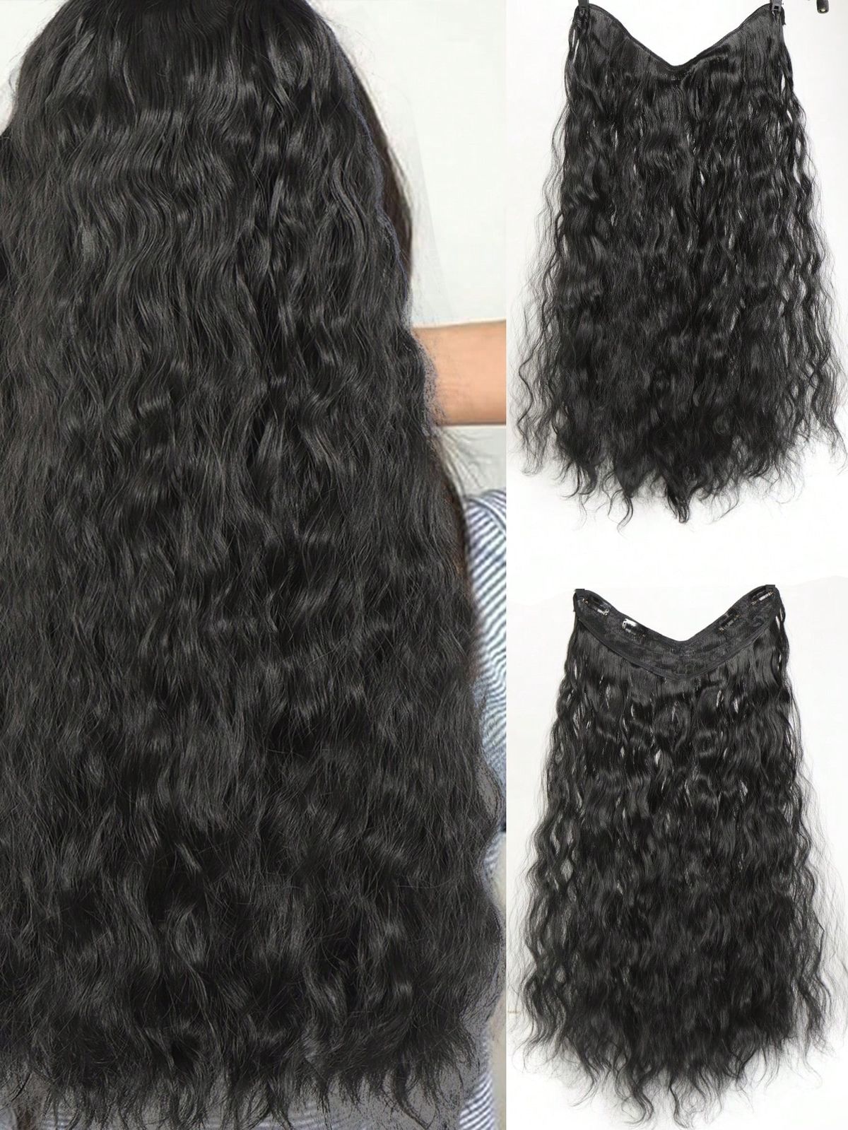 Women's V-shaped water ripple Long Synthetic Wig One-piece Extension Piece Fluffy Top Increase Hair Volume_voghion.com