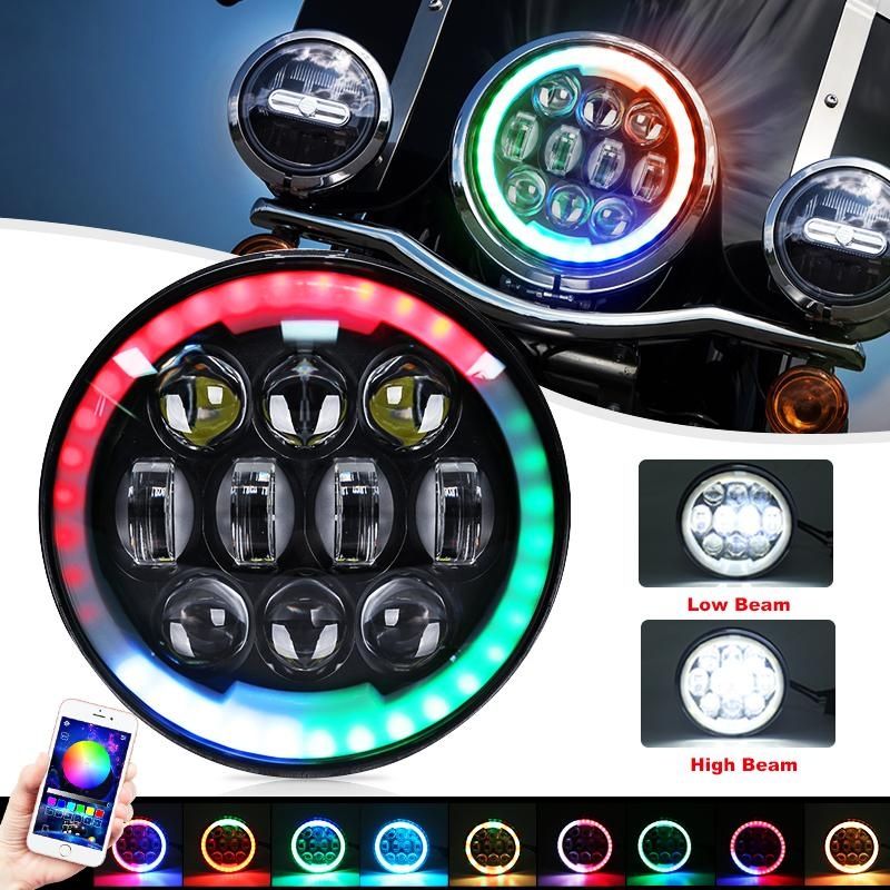 Farol de LED Halo Ring RGB de 5,75" e 30 W para motocicleta Harley com função EMC, anticintilação, controle de Blu-ray por aplicativo_voghion.com
