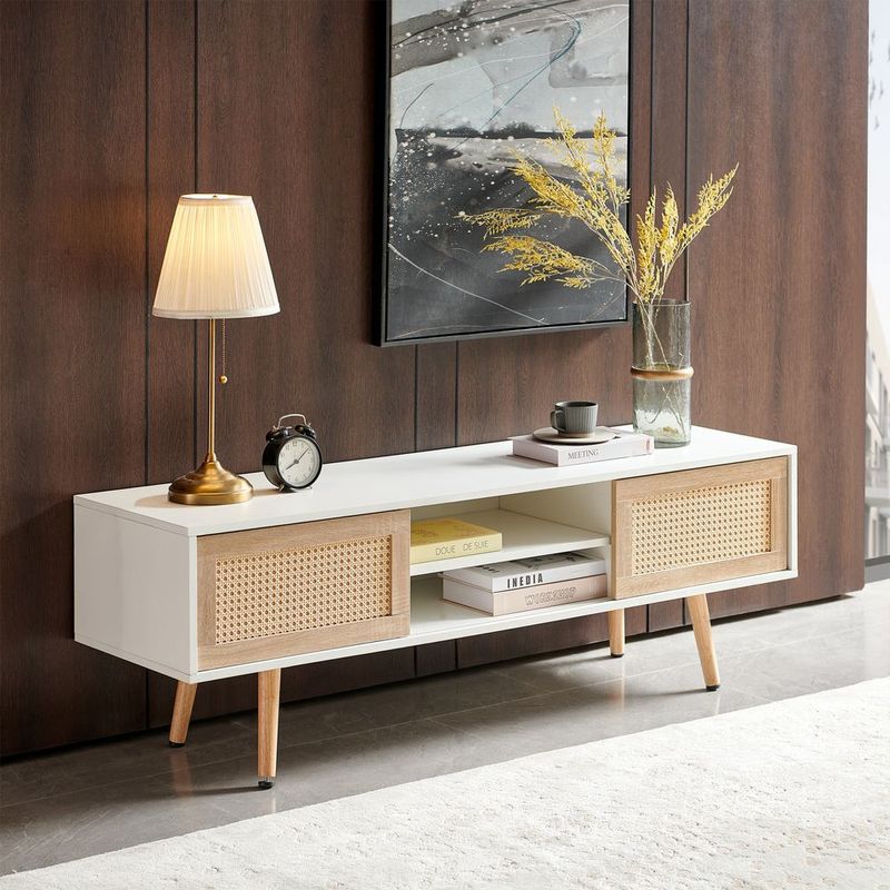 55.12' Rattan TV Cabinet, Double Sliding Doors For Storage, Adjustable Shelf, Solid Wood Legs, TV Console For Living Room_voghion.com