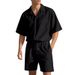 Completo casual da uomo in due pezzi, con pantaloncini a maniche corte e camicia con risvolto tinta unita_voghion.com