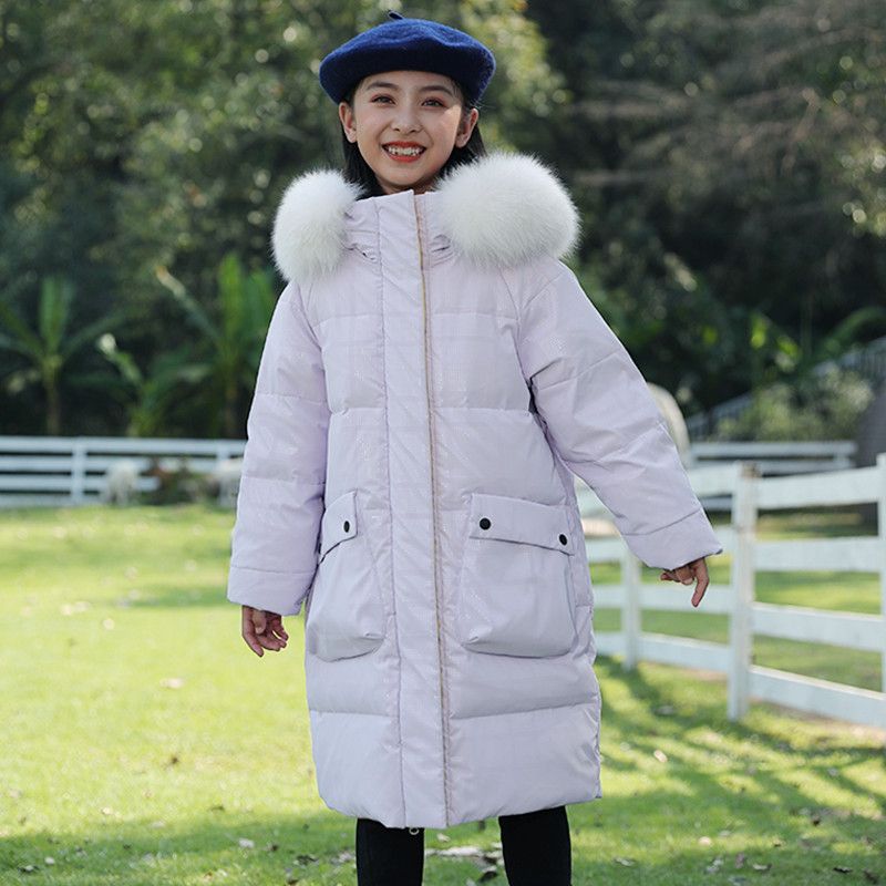 Girls’ Shiny Long Puffer Coat – Glossy Winter Jacket With 50%-55% White Duck Down (Rainbow/Purple/Pink, Sizes 120-160cm, Soft & Trendy)_voghion.com