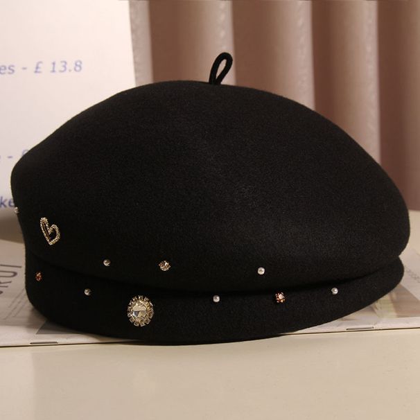 Koreanische Version des leichten Luxus-Strass-Woll-Damen-Herbst- und Winter-Netzwerk-Berühmtheits-Baskenmützengesichts im britischen Stil 2025 Neu_voghion.com