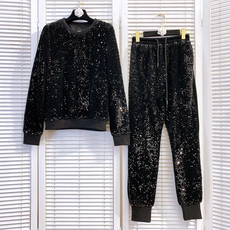 Women's Clothing Niche Glitter Round Neck Pullover Sweatshirt Casual Elastic Pants Suit_voghion.com
