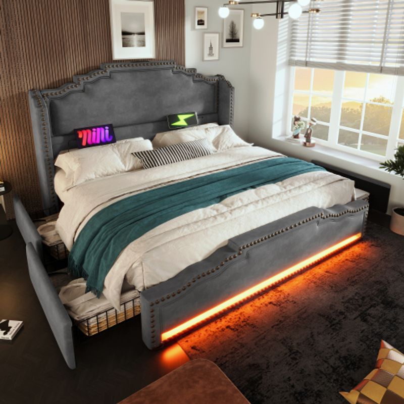 Polsterbett 140×200, Doppelbett Mit 4 Schubladen, LED-Beleuchtung Und USB-C-Ladeanschluss, Stauraumbett Und Jugendbett Mit Lattenrost, Samt, Grau, Ohne Matratze_voghion.com