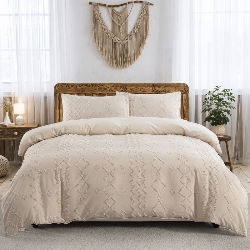 Copripiumino in fibra morbida con ciuffi ricamati a rombi, colore cachi chiaro, set di biancheria da letto in tessuto tessile per la casa, tre pezzi_voghion.com